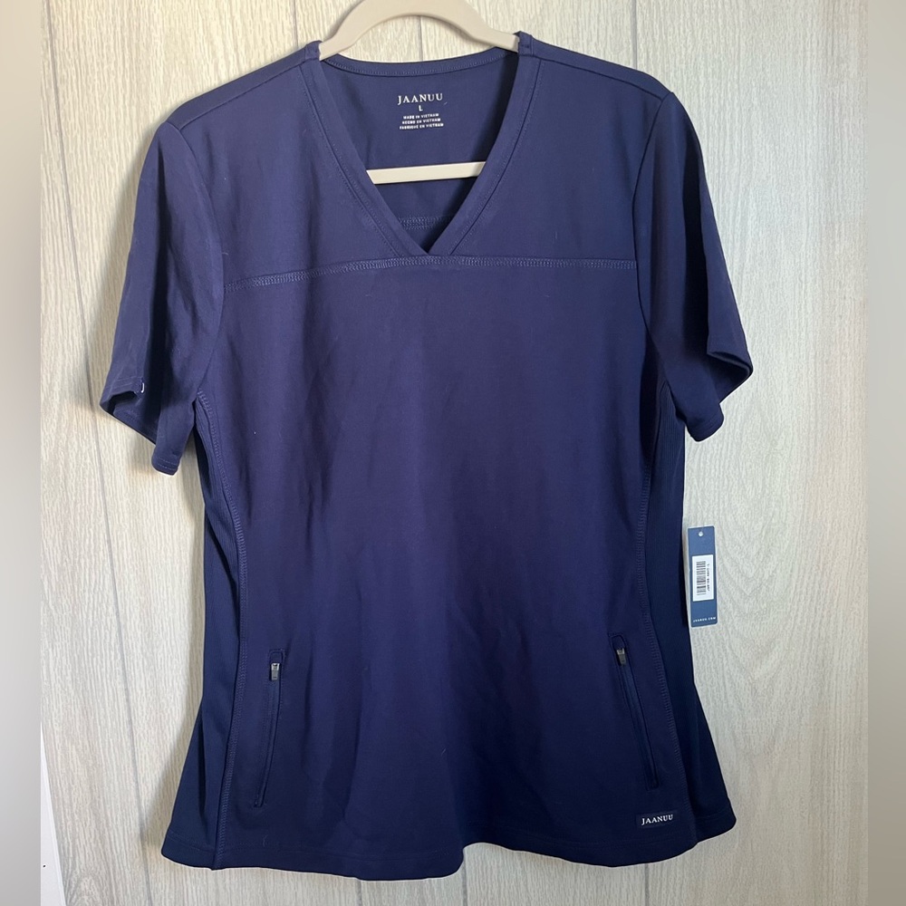 JAANUU WOMEN'S 2-POCKET SIDE-RIB SCRUB TOP- NAVY- NWT